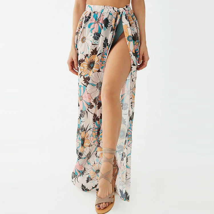 Summer Fashion Ladies Beach Open Front Chiffon Floral Bohemian Swim Cover-Up Long Maxi Skirts