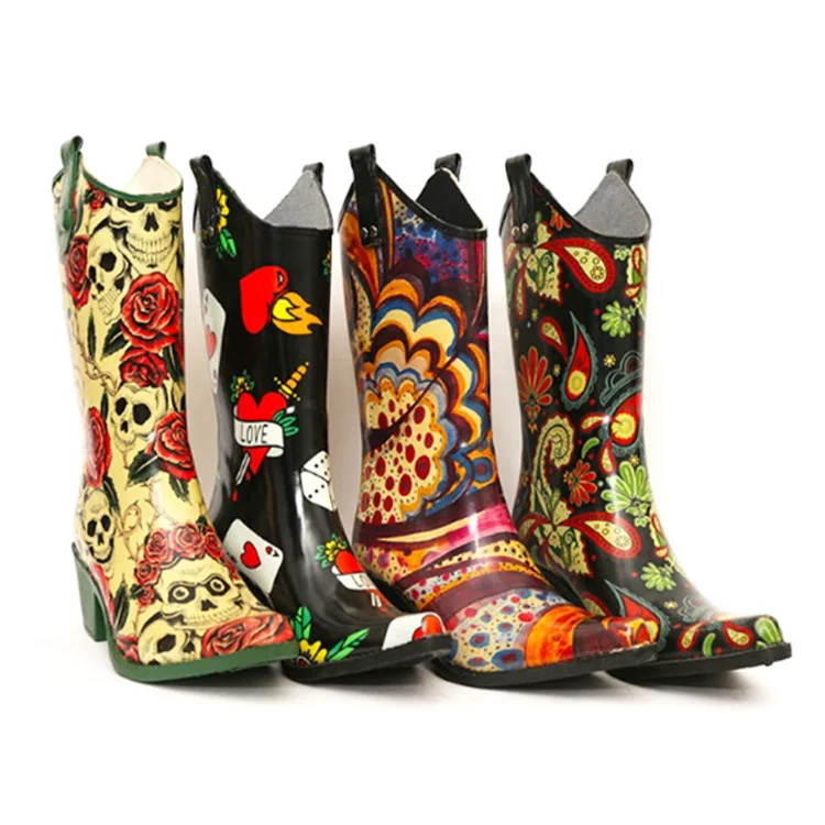 custom print fancy women rubber rain boots