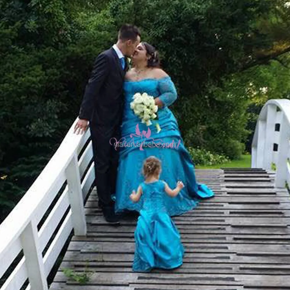 RSW766 Off The Shoulder Long Lace Sleeved Pleated Satin Plus Size Royal Blue Wedding Dresses For Big Women And Baby Girl