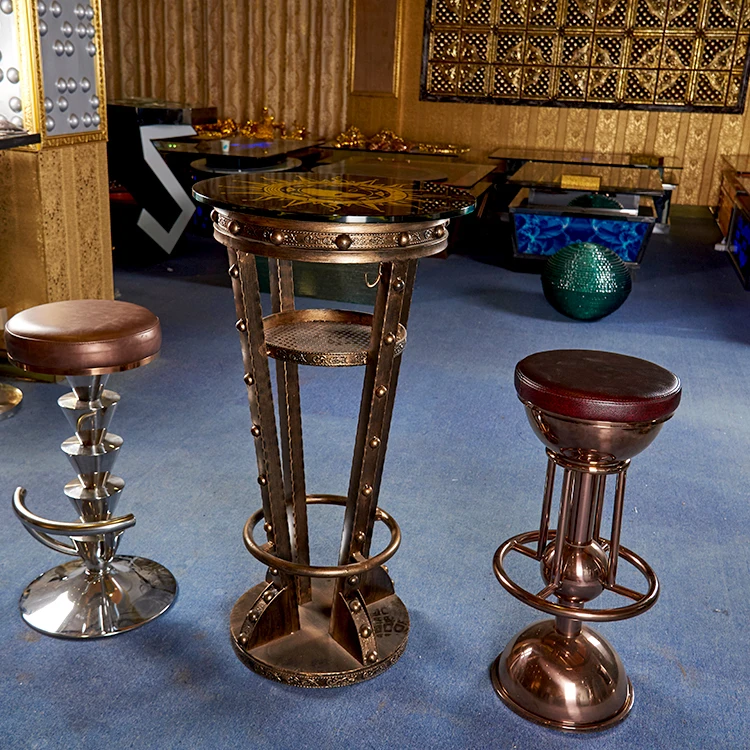 
antique brass Custom pattern table top metal bar table legs night club KTV bar cocktail tablePub Vintage Golden Metal Round Bar 