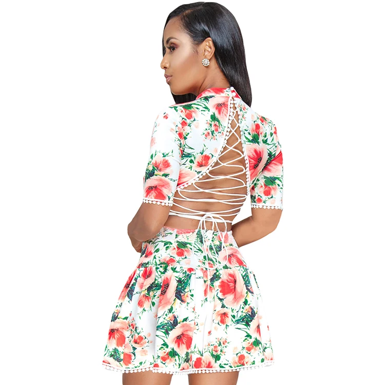 
Trade Assurance Wholesale Ladies Fashion Floral Lace-up Back Short Women White Midi Skater Dress 