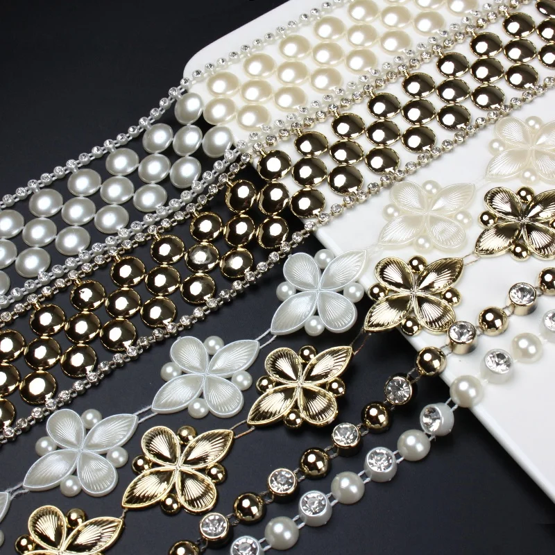 China supplier elegant pearl decorate chain artificial white pearl rhinestone chain