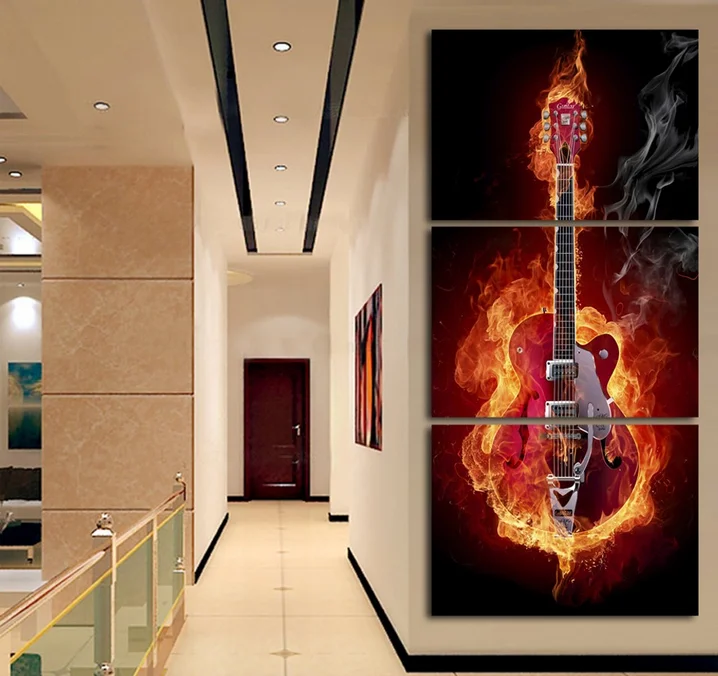 Music Art 3 Panel Wall Painting Modern Home Decors Black Burning Guitar  Art Pictures Decorn On Canvas Painting Printed