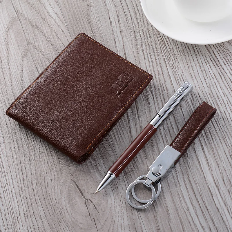 PU leather wrapped ball pen with leather keychain and wallet VIP gift set