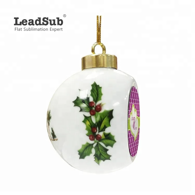Customized White Roasted Flowers Ceramic Sublimation Tree Hanging Ornament With Printing Christmas Ball