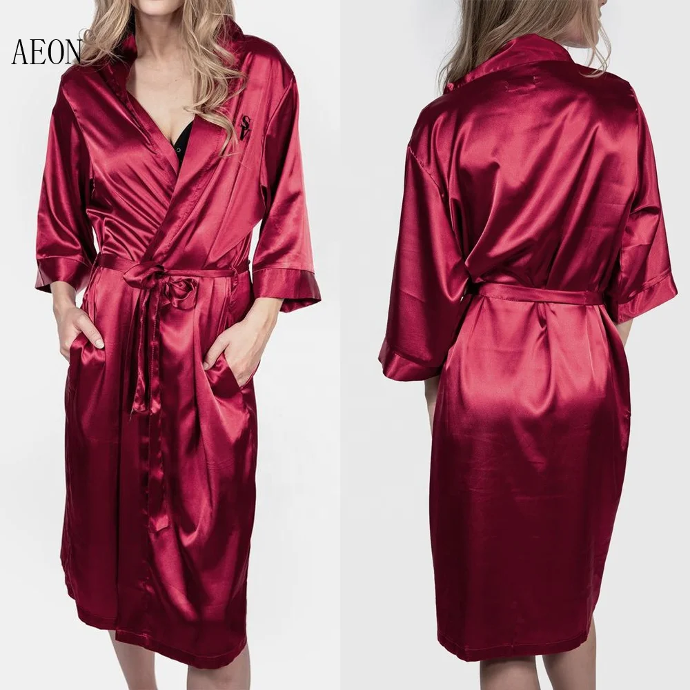 
Women personalized soft satin robe with logos short Solid silk night sleeping robe 