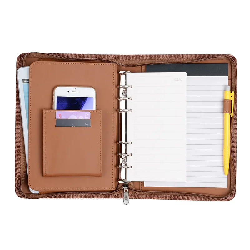 Zippered Leather Professional Business Men Portfolio 6 Ring Binder organizer