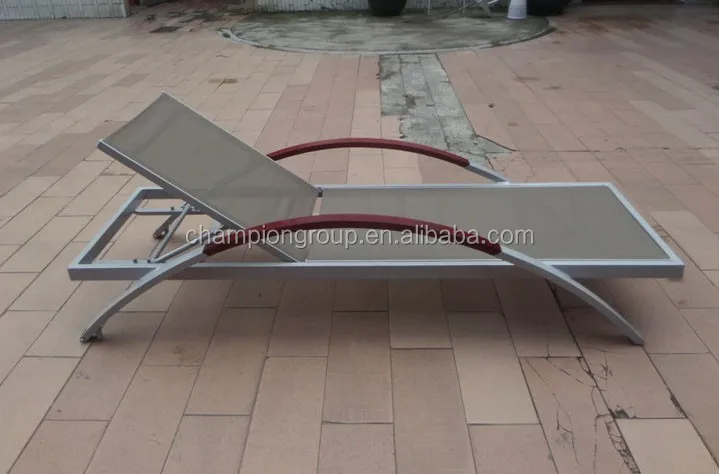 swimming pool sun lounger chair with mesh fabric and wooden arm