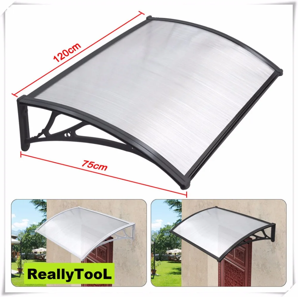 Plastic polycarbonate large door canopy awning in black bracket