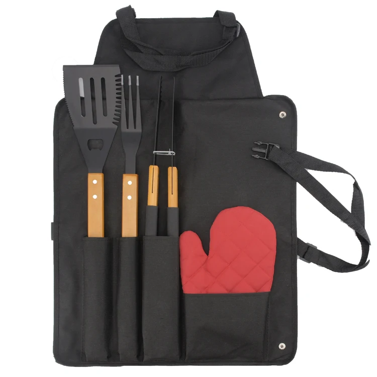 
4 Pcs wooden barbecue grill stainless steel bbq tool set with nylon bag 