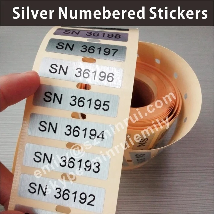 Custom printed brushed self adhesive aluminum stickers with numbers, brushed silver custom serial number stickers from Shenzhen