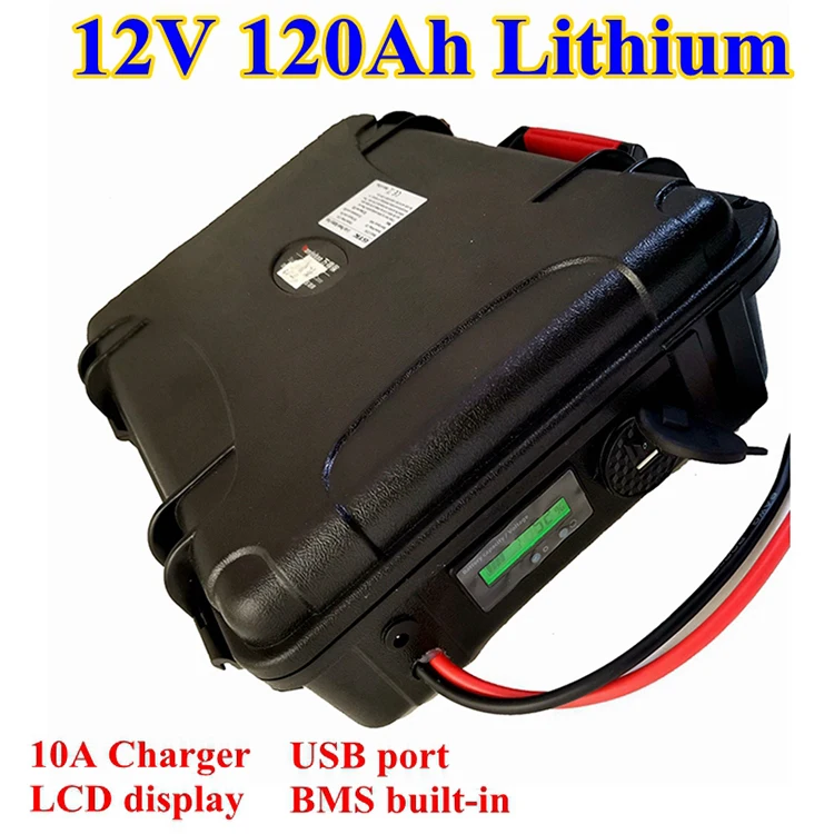 Waterproof 12V 120ah 100ah Lithium ion battery 12v with BMS 3s LCD display for fishing boat solar panel inverter+10A Charger