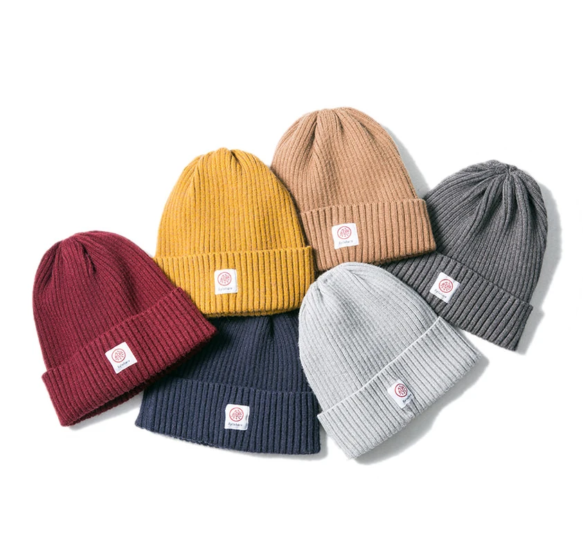 Wholesale ribbed cashmere beanie hat with woven label