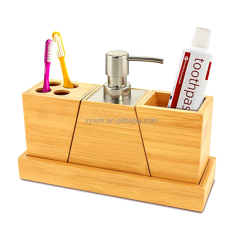 3 PCS Bamboo Bathroom Set with Tray - Soap Dispenser, Cup, Tooth Brush Holder