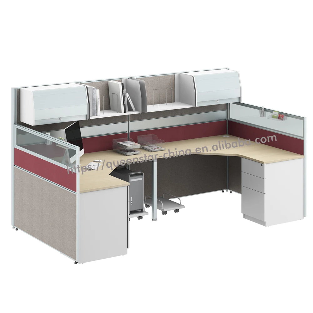 
QS-J11 L shape clusters of two office workstation office partition with overhead storage cabinet and hanging shelf 