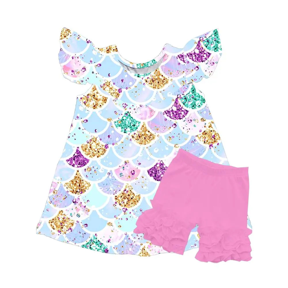 
2019 Hot sale custom baby clothes fish scales pattern design girl milk silk boutique dress 