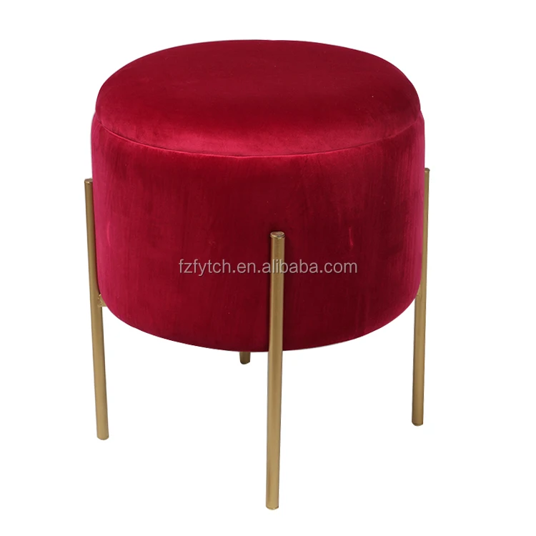 Modern Living Room Small Pouff Footstool Velvet Storage Ottoman Round Stool With Metal Legs