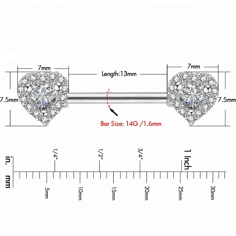 
14G Surgical Steel Nipple Barbell Rings with Clear Heart CZ Nipple Piercing Jewelry 