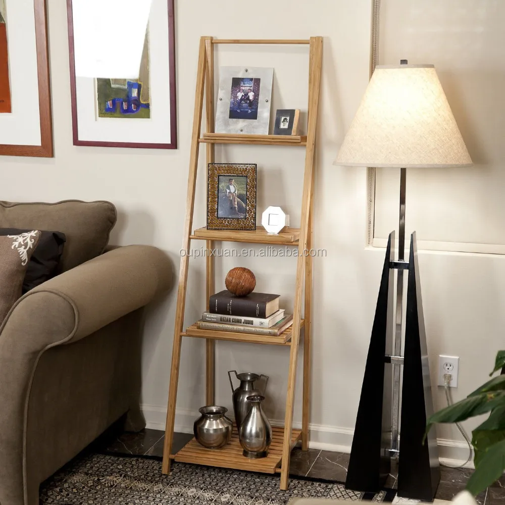 Bamboo Ladder Shelf Bookcase Bookshelf Leaning 4 Tier Storage Display Furniture