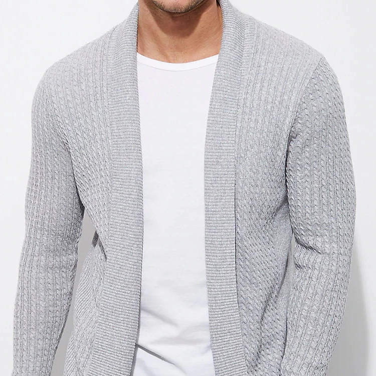 Fine Gray Color Cable Knit Open Front Cardigan Men