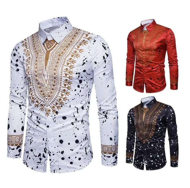 Cy30878a 2018 Новый стиль Мужская национальная рубашка с длинным рукавом и принтом разбитых цветов