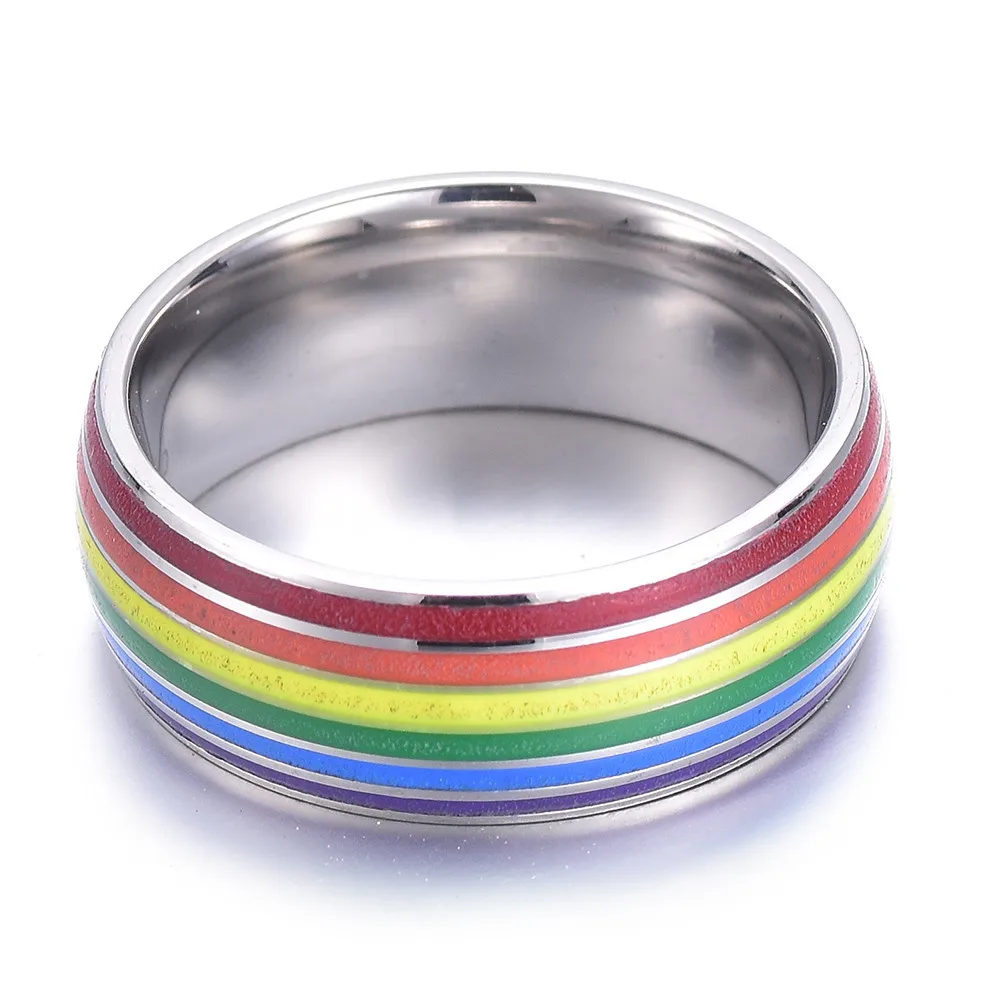 8mm Titanium Stainless Steel Rainbow Enamel Gay Lesbian Wedding Engagement Promise Band  Pride Ring