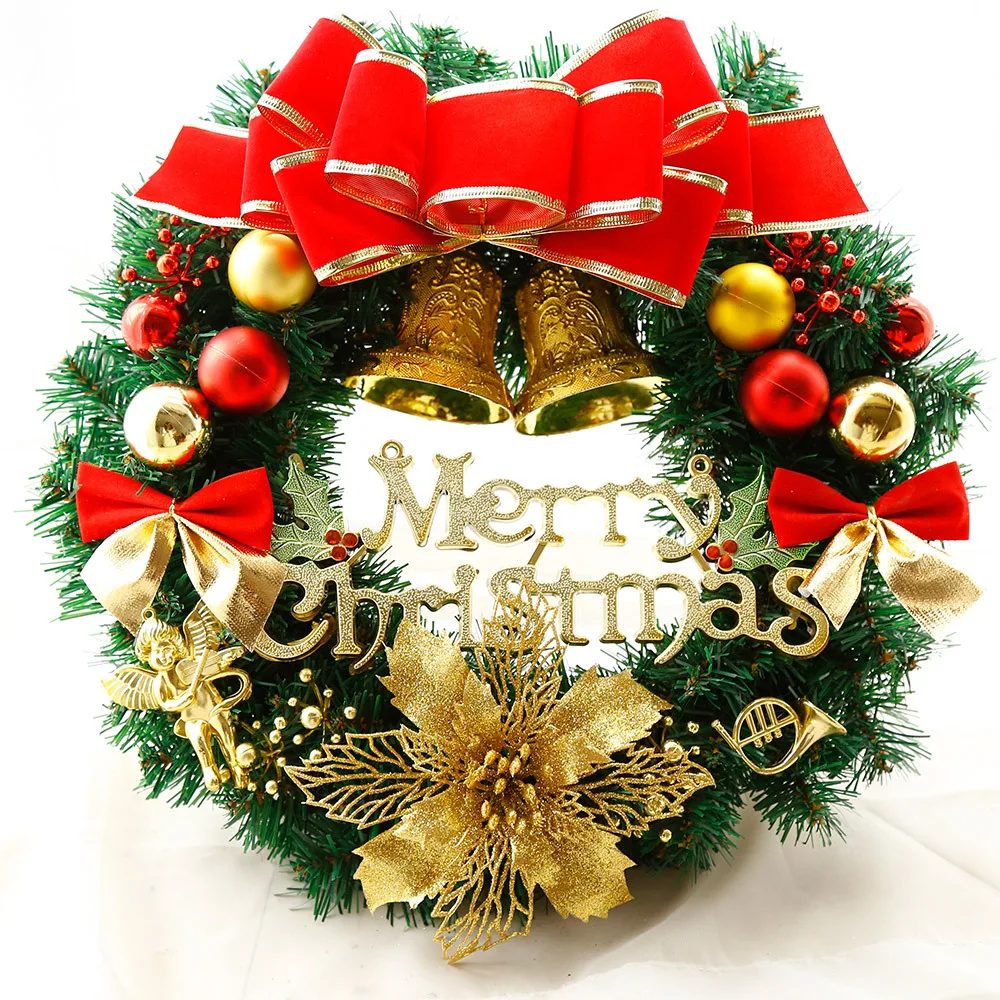 
Wholesale Merry Christmas Red Bow Gold Bell 30cm Christmas Wreath Rings 