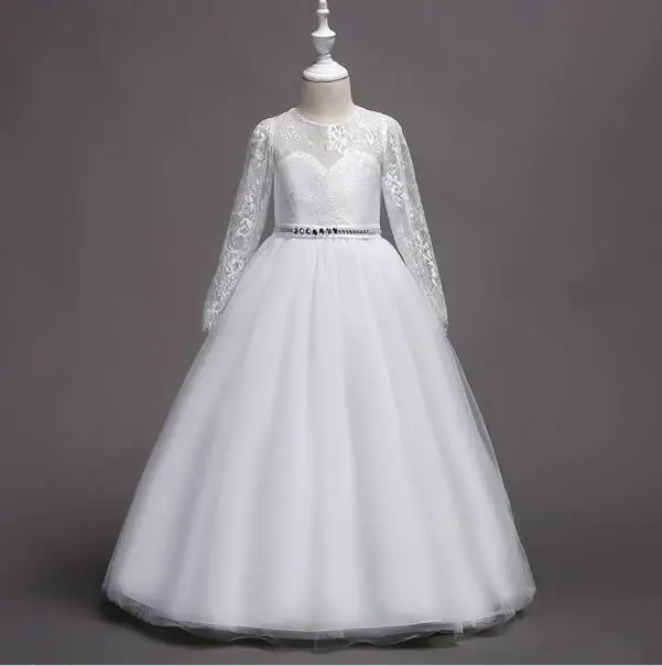 Beautiful Long Sleeve White First Holy Communion Little Queen Flower Girl Dresses for Wedding Party