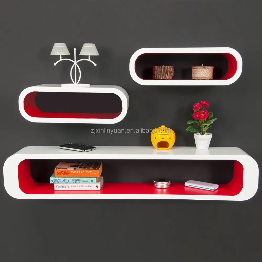 Matt PU home decor design lacquered oval wall wooden book shelf for dvd player