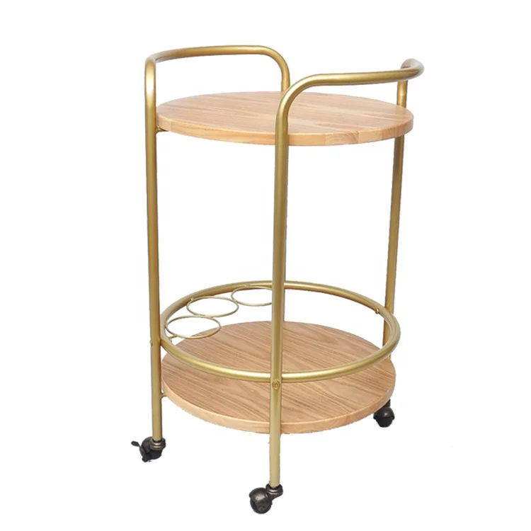 
Carefully selected materials soild wood shelevs golden metal frame bar serving carts trolleys 