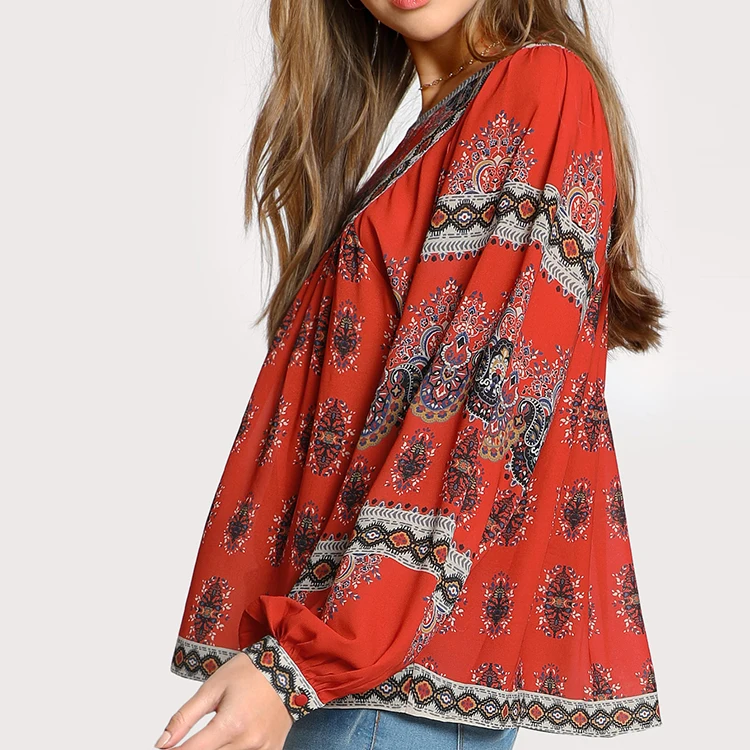 Multi Print Sheer Balloon Sleeve Fringe Strap Back Tie Peasant Blouse Women