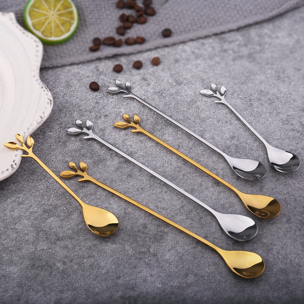 Elegent Leaf Cake Fork And Spoon Colorful Small Stainless Steel Coffee Stirring gold Spoon