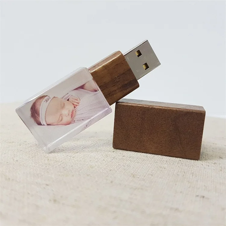 Promotional Gift Customized Laser Engraving Logo Wooden Glass LED Light Up 8GB 16GB 32GB Crystal USB Flash Disk On Key Pen Drive