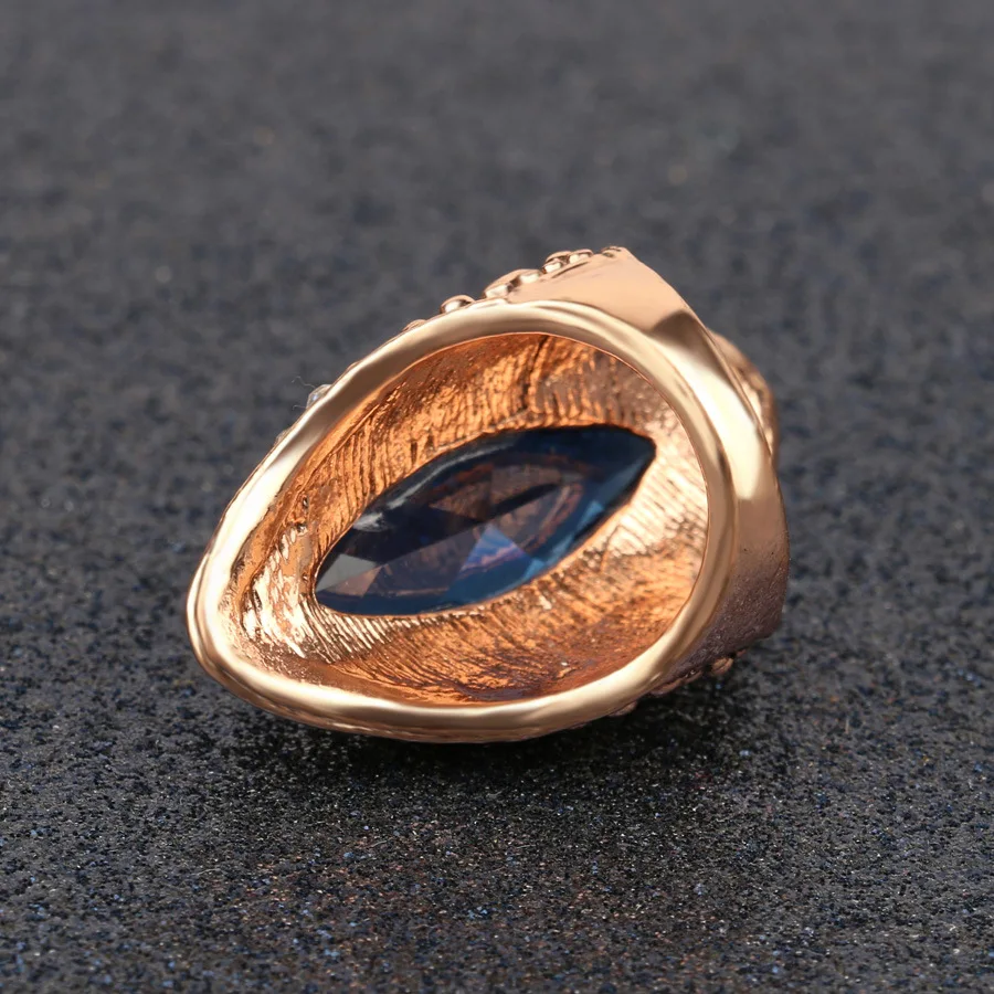 2018 Bohemian Big Crystal Antique Gold Ring Luxury Textured Blue Stone Rings For Women Vintage Turkish Jewelry