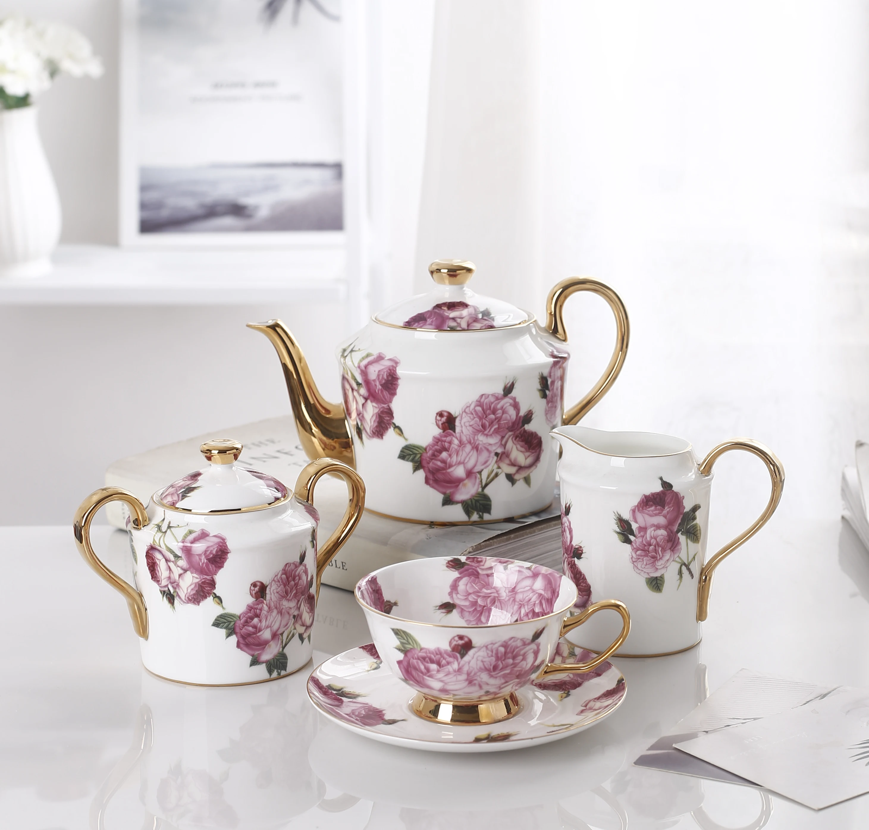 Floral decal design Arabic coffee cup set porcelain teapot turkish tea cup set luxury bone china tea set