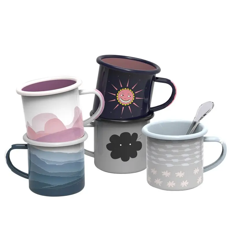 Enamel mug custom cheap stainless steel enamel metal camping coffee mug with logo printing