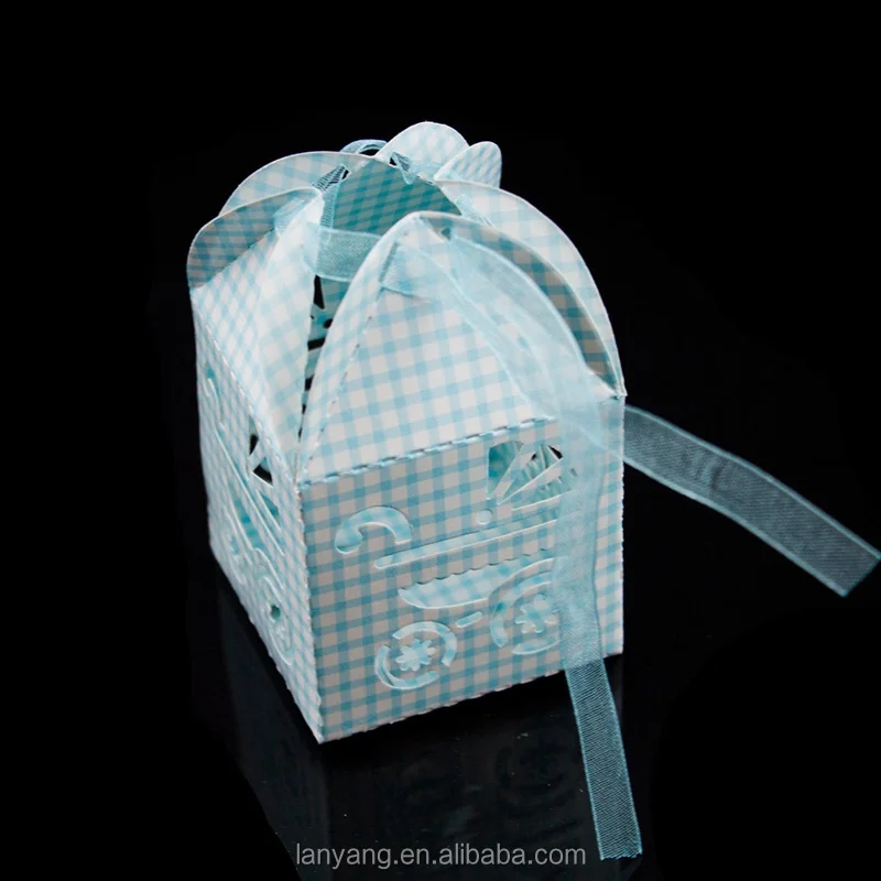 Blue White Checkered Baby Carriage Favor Candy Boxes Birthday Party Baby Shower Decorations