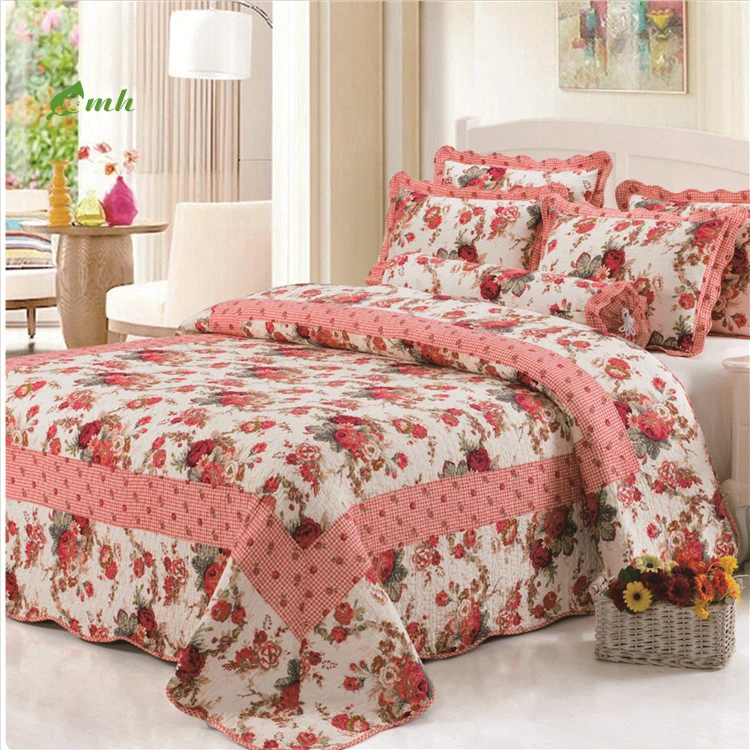 Modern Luxurious Reversible Bed Cover Queen Size Floral Printed Bedspread Coverlet