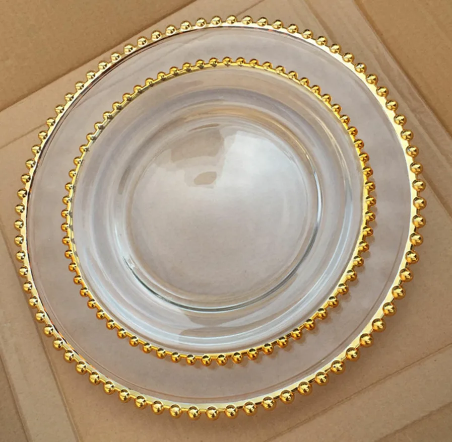 DEACORY wholesale 13 inch round glass gold beaded charger plate silver beaded charger plates for wedding party