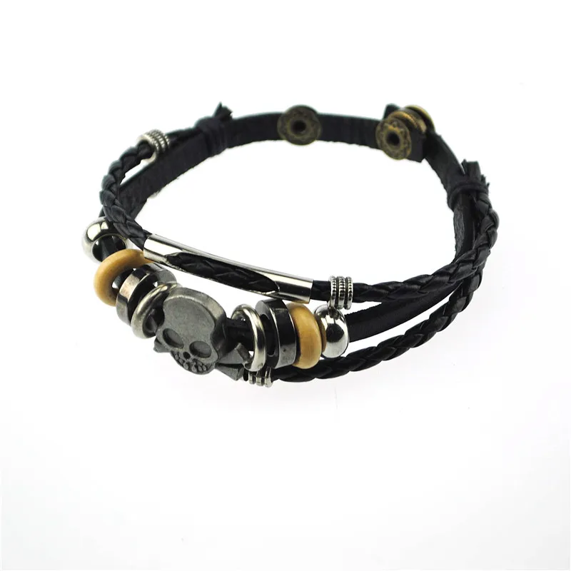 Cheap Wholesale Mens Punk Anchor wristband Skull Charms Leather Wrap fashion Men Bracelet leather