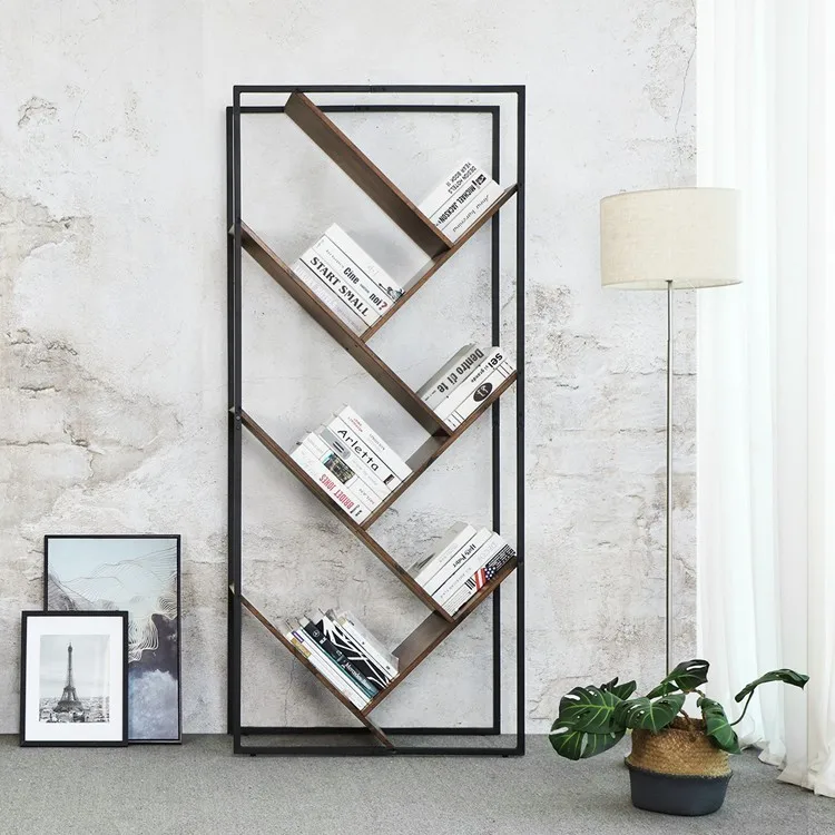 VASAGLE Home Furniture Bookcase Asymmetrical Design Diagonal Book Shelf Wooden and Metal modern tree shaped bookshelf
