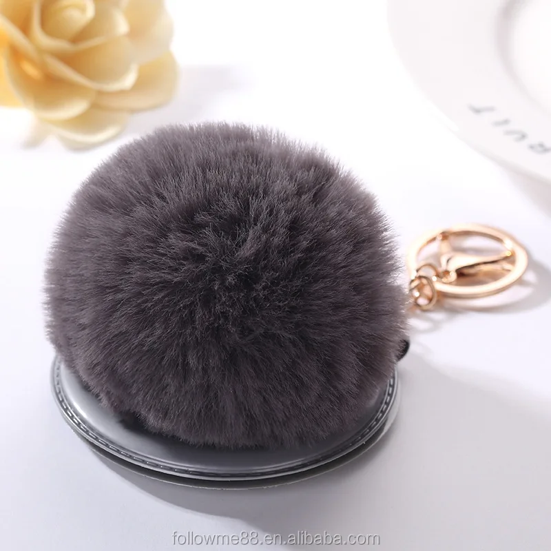 Mirror Pendent Fluffy Rabbit Fur Pompom Keychain for female gift