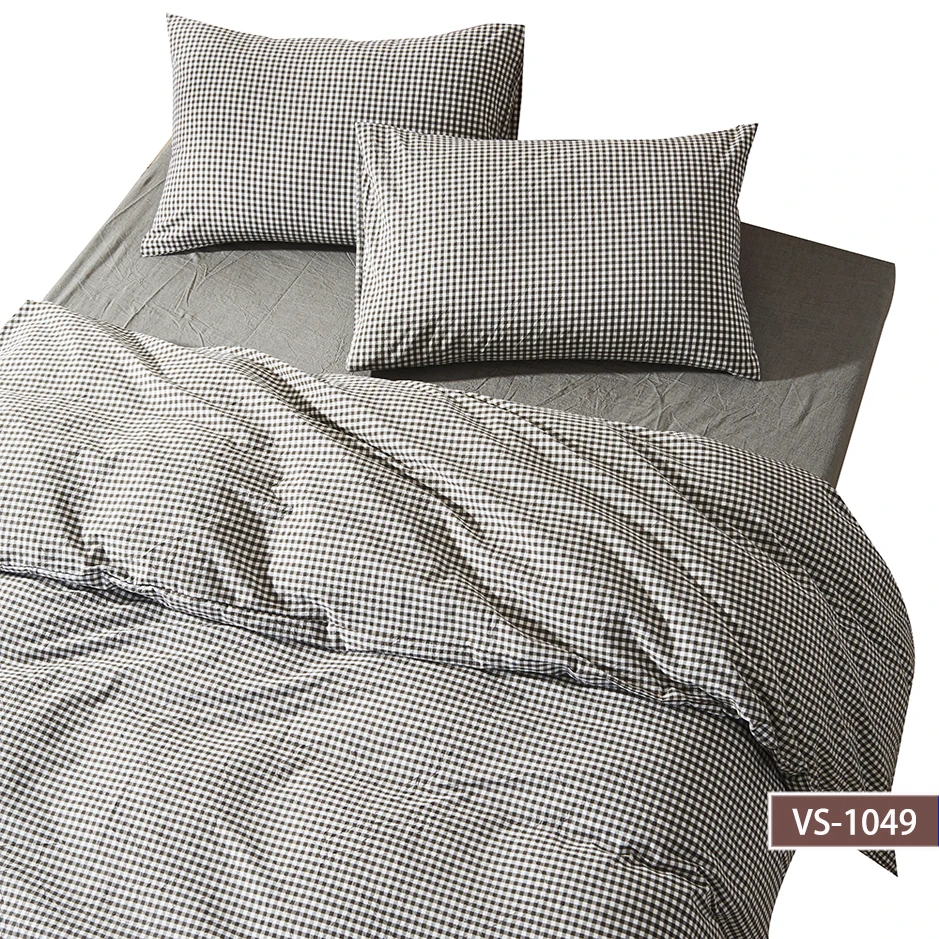 Simple Japanese style stone washed 100% cotton bedding linen in small check pattern
