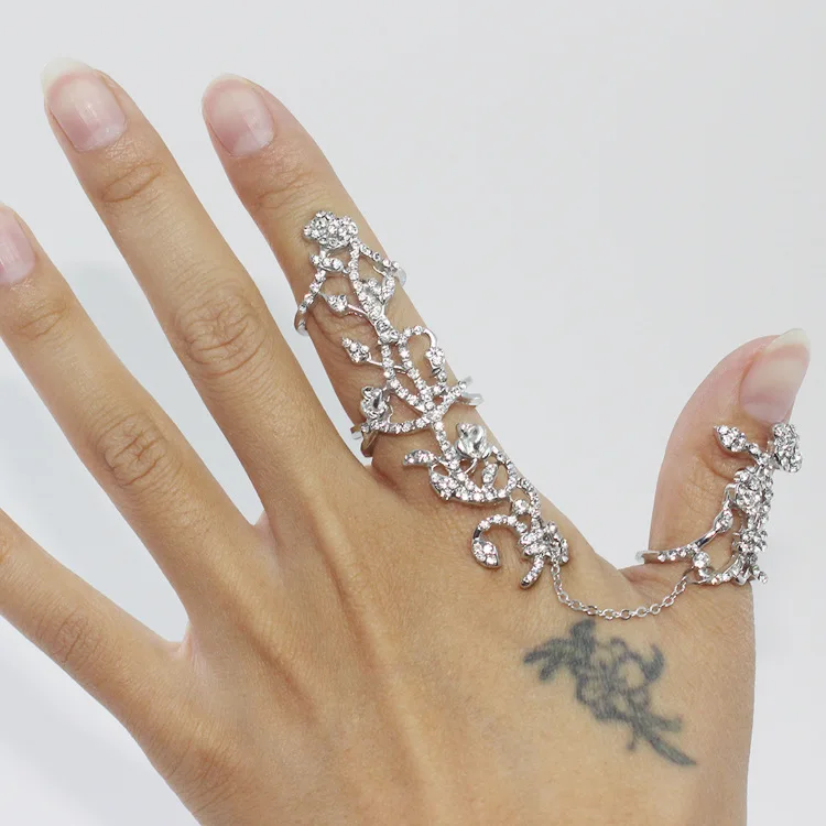 Fashion Punk Rock Gothic Gold Silver Hollow Carved Flowers Crystal Double Full Finger Knuckle Armor Ring