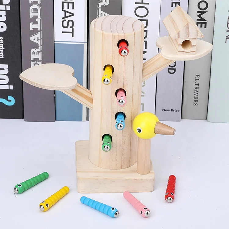 educational wooden toys learning magnetic woodpecker catching insect game wooden catching worms game toys