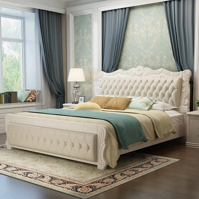 European Luxury royal antique wooden carving bedroom furniture sets genuine leather 5 star hotel bed Customizable