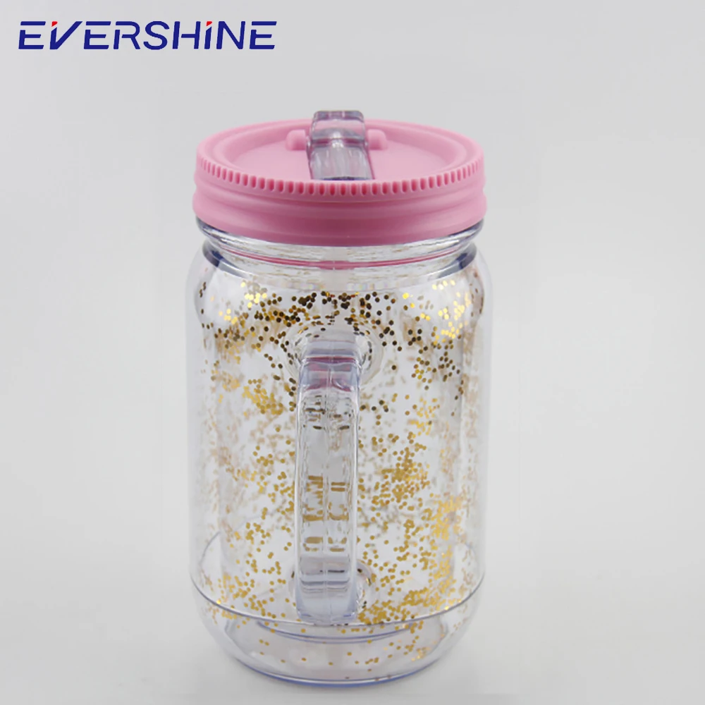Ningbo wholesale 20oz colorful logo printing double wall drinking plastic mason jar with handle