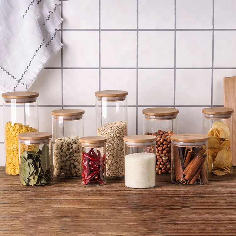 Borosilicate glass storage jar with bamboo lid for tube shaped glass storage jar for glass spice jar with metal lid