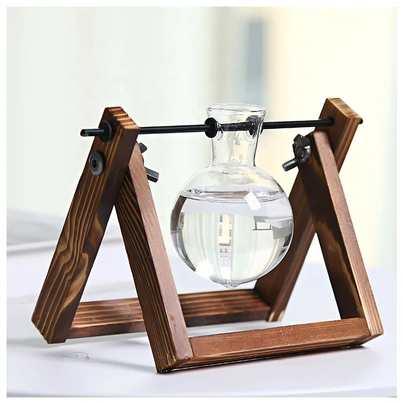 Modern Minimalist Clear Swing Glass Terrarium Vase Set Small Tabletop Ornament with Wooden Frame Base for Pot