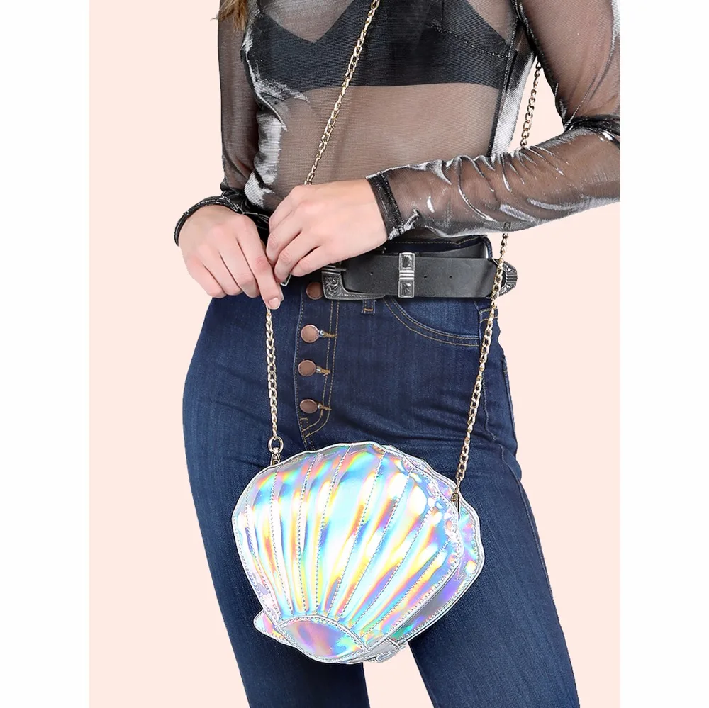 Alibaba Rare Holographic Mermaid Seashell Wallet Gold Rainbow Crossbody Bag Pouch Metallic Shell Chains Belts Coin Purse